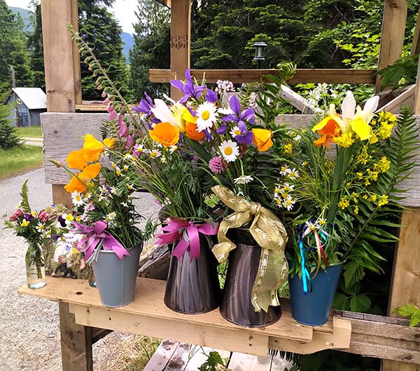 Colourful Flower Bouquets for sale at the farm stand.